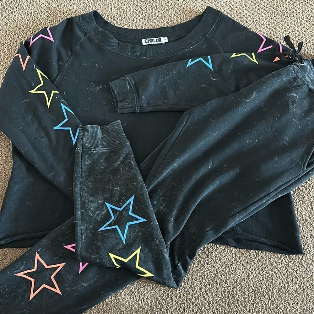 Chrldr Women’s Faded Black with Rainbow Stars Matching Jogger Set - Size S